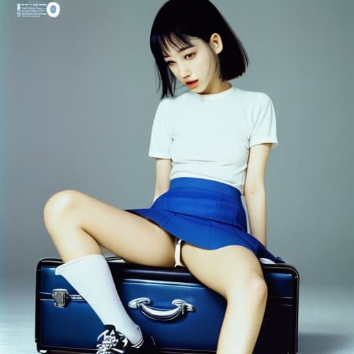  arafed woman in a white shirt and blue skirt sitting on a suitcase, kiko mizuhara, miniskirt, dj sura, +81 magazine, kiyoko suzuki, id magazine, ji-min, akira moto, yukii morita, maxim magazine, milk bar magazine, magazine 1990's, rinko kawaichi