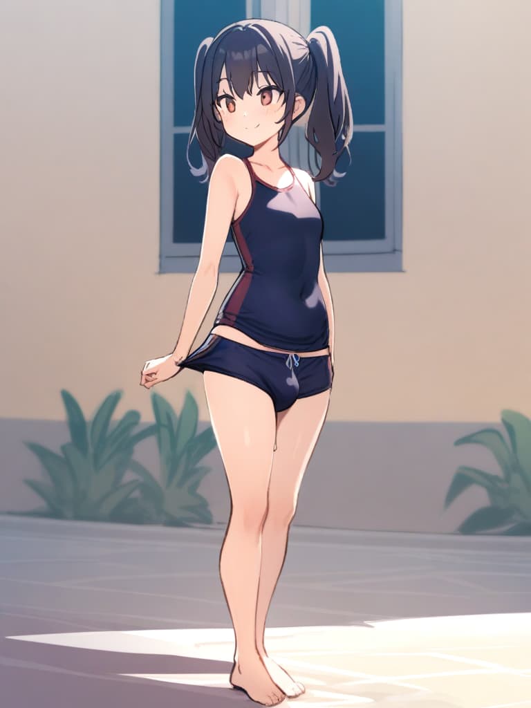  women's elementary students (with male), twin tails, cute smiles, rich s, short stature, dark blue swimwear, old swimwear, swimwear, simple, (swelling), upward, (bulge), front, whole body, pool side,