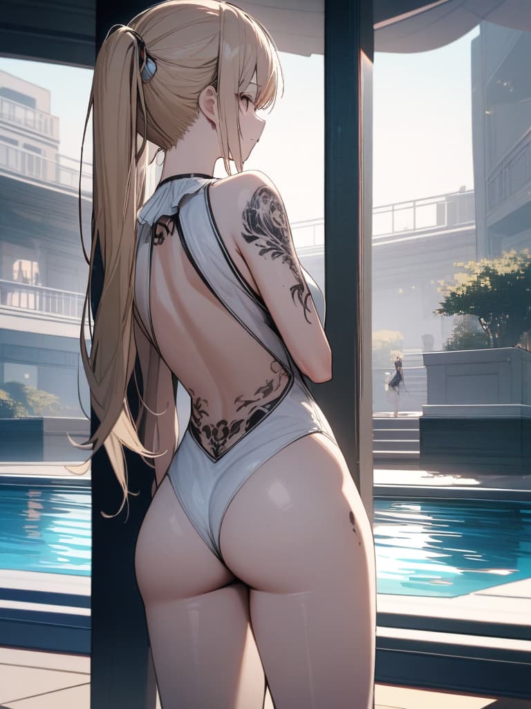  white headphones, white swimwear, poses showing their backs, poses on the wall, snake tattoo on , white frill pare, all body, foot, pool, standing, blonde ponytail, thigh tattoo, tattoo, skull tattoo on arms. , tattoo on a small wing on the back, masterpiece, best quality,8k,ultra detailed,high resolution,an extremely delicate and beautiful,hyper detail