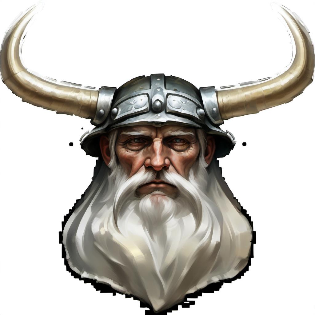  make a portrait of old vicing in horned helmet, realistic game art stile, oil paint effect