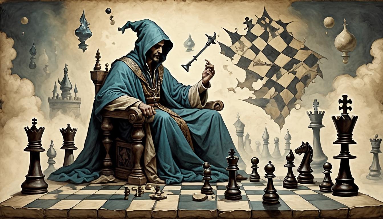  on parchment, surrealism+++, figure levitating above a chessboard, pieces scattered, transcendence from games, windswept robes(mysterious, provocative, symbolic,muted color)+++