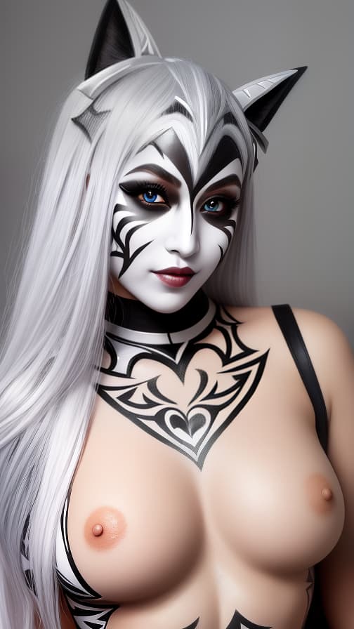  Chessboard check body paint in every corner of the body, Silver body paint all over the body, white face paint on the face, Dark elf 女性