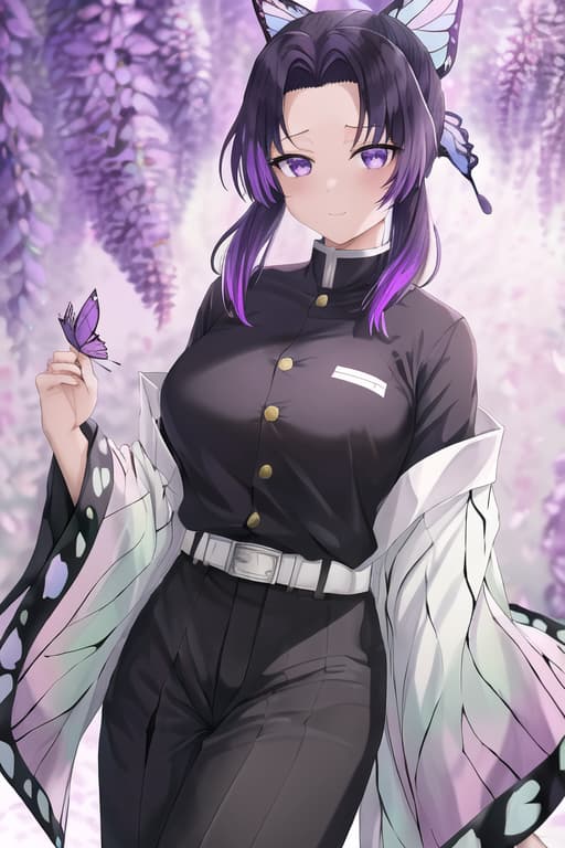  masterpiece, best quality, kochou shinobu, multicolored hair, no bangs, hair intakes, purple eyes, forehead, black shirt, black pants, haori, butterfly, buttons, belt,cat women, nekopara, neko, fantastically detailed reflecting eyes, masterpiece, best quality, high quality, solo