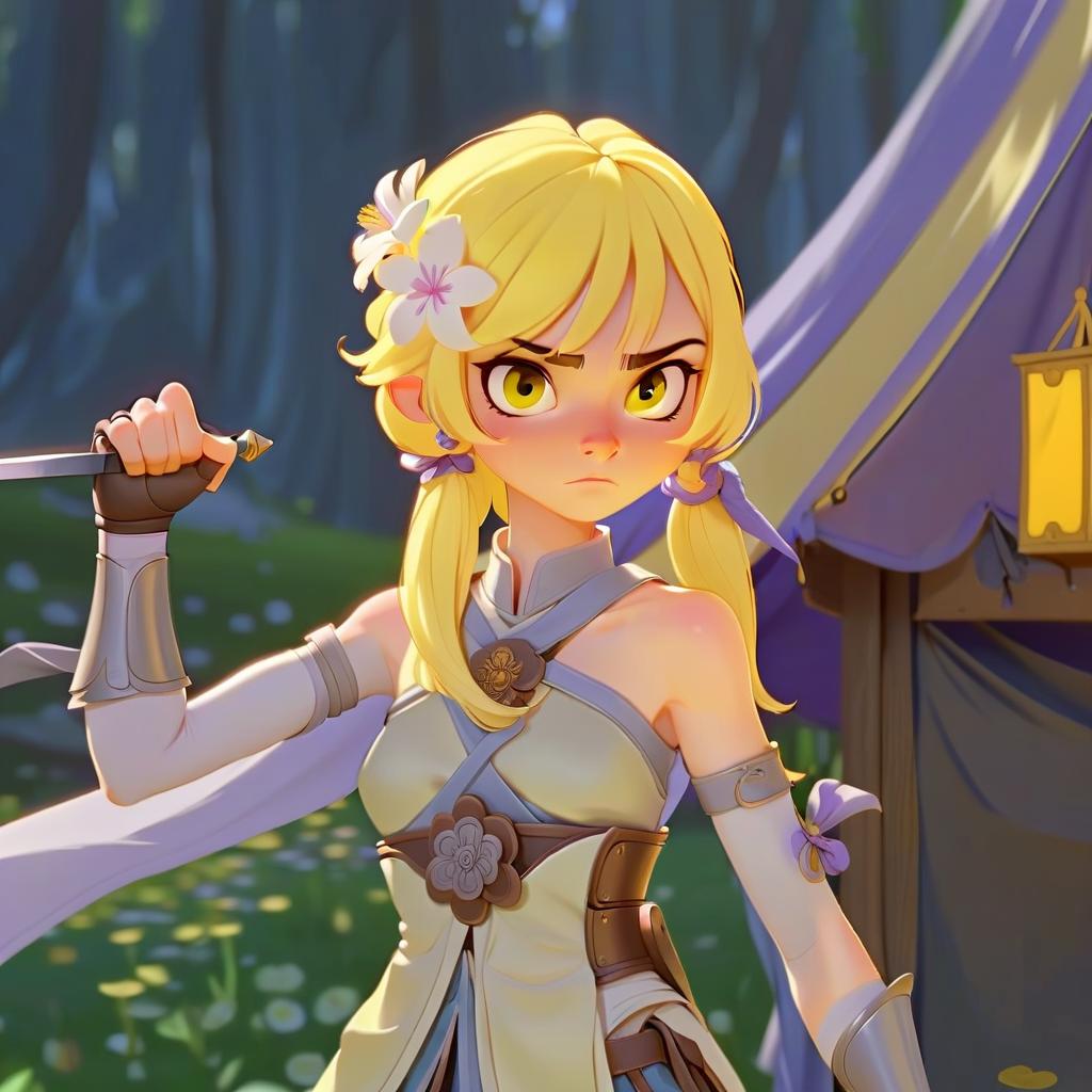  the girl looks to the right, her right hand is turned with her thumb to her face, a one handed sword hangs on her back, a flower is attached to her head, her hair is yellow, in the background one box is on the right and two are on the left, on the top right stretches a fabric from the tent to the lower left corner, perfect hands, sticker