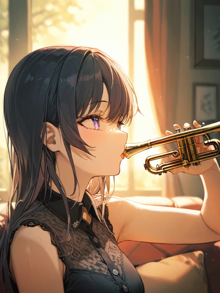  a girl blowing trumpet, trumpet, masterpiece, best quality,8k,ultra detailed,high resolution,an extremely delicate and beautiful,hyper detail