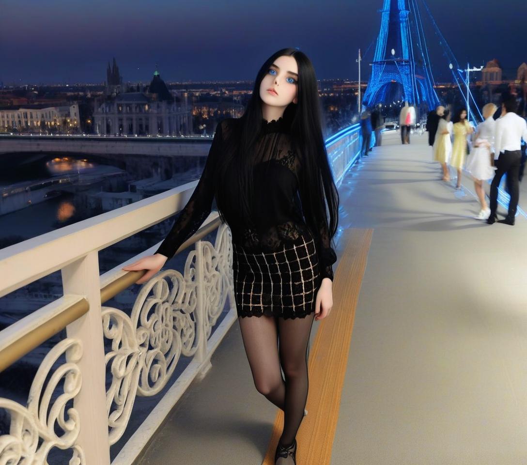  girl with long black hair and beautiful eyes, standing in black lace linen