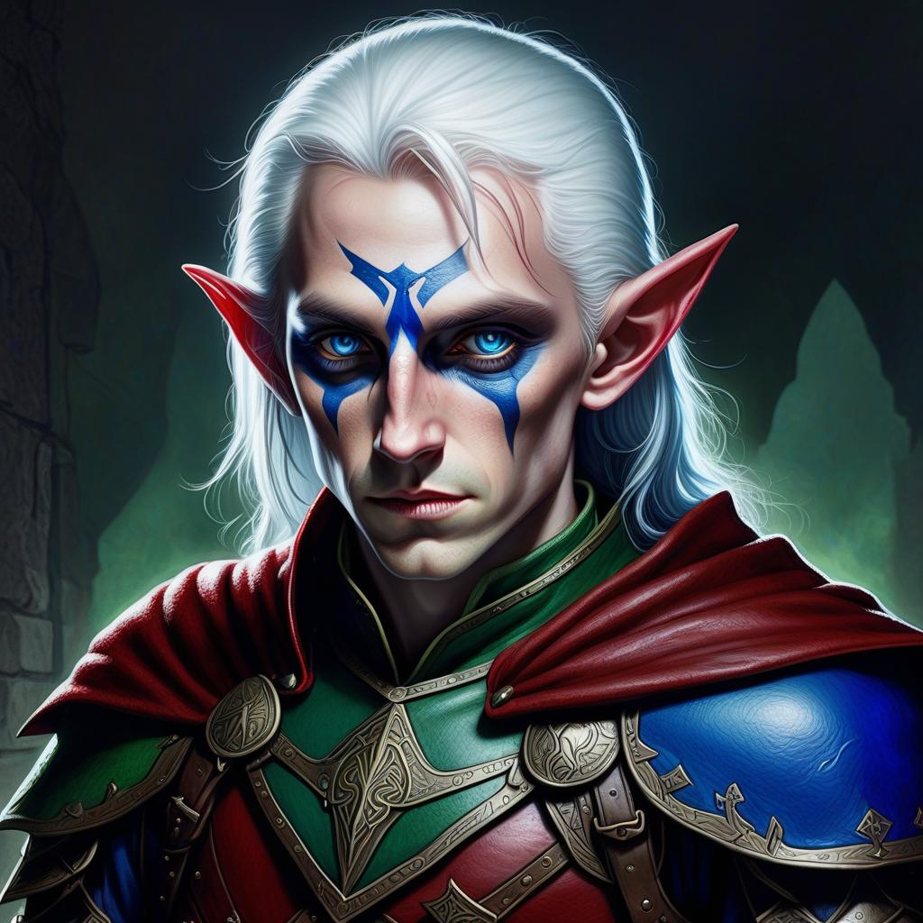  a low half elf, half of the hair is white, and the other half is red, one eye is green, the other blue, dressed in leather armor and a cape