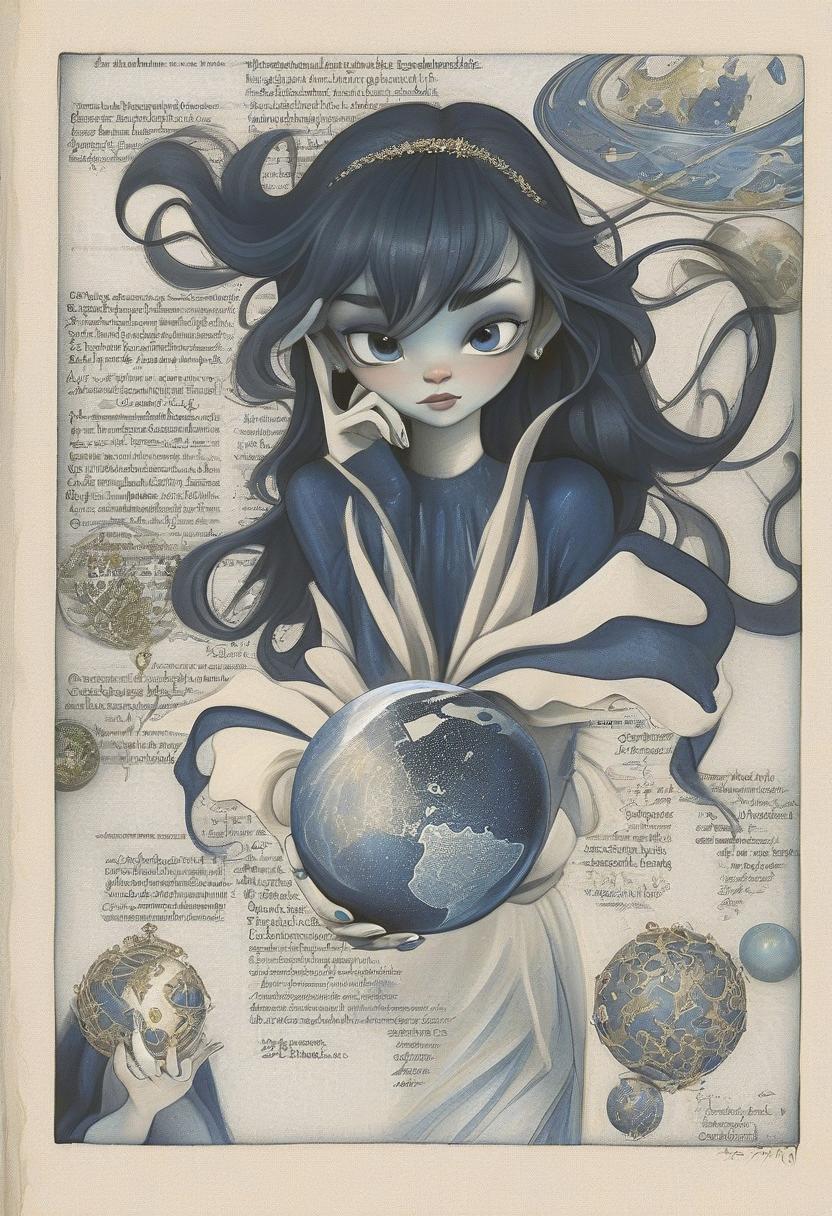  fairy tale enchantress in dark blue shimmering evening dress with airy long sleeves holding a small planet. her dark wavy hair is loose. photorealism. looking directly into the camera. . magical, fantastical, enchanting, storybook style, highly detailed, hkmagic, perfect hands