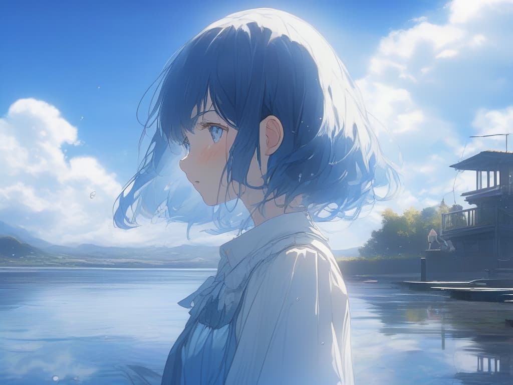  white shirt, blue hair short, black skirt, blue eyes, girls, water, small white corners, girls, crying alone, short hair, under blue sky, masterpiece, best quality,8k,ultra detailed,high resolution,an extremely delicate and beautiful,hyper detail