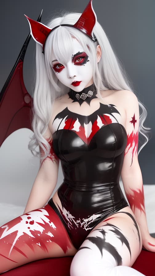  White and red bat pattern body paint in every corner of the body, silver body paint all over the body, Grey face paint on the face, Two dark succubus, full body image 女性