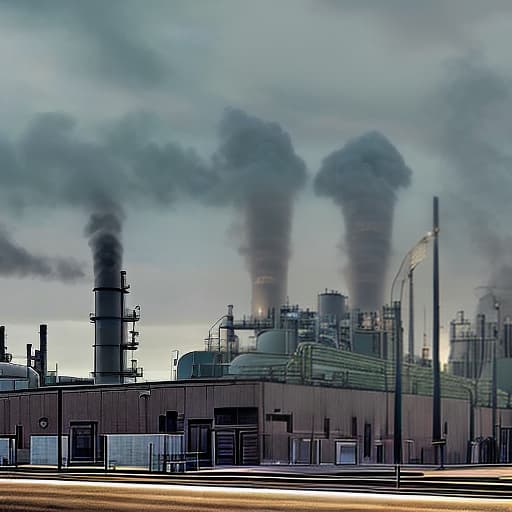  *8. Ace Chemicals Plant* Design a street view image of the downtown Gotham City (Batman) Ace Chemicals Plant's exterior, highlighting its industrial structure, smokestacks, and hazardous surroundings, greys and dark blues and green hues