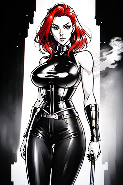  A beautiful girl with red hair and dark circles under her eyes, in a leather corset and black jeans, is standing and smoking., Sketch, Manga Sketch, Pencil drawing, Black and White, Manga, Manga style, Low detail, Line art, vector art, Monochromatic, by katsuhiro otomo and masamune shirow and studio ghilibi and yukito kishiro hyperrealistic, full body, detailed clothing, highly detailed, cinematic lighting, stunningly beautiful, intricate, sharp focus, f/1. 8, 85mm, (centered image composition), (professionally color graded), ((bright soft diffused light)), volumetric fog, trending on instagram, trending on tumblr, HDR 4K, 8K