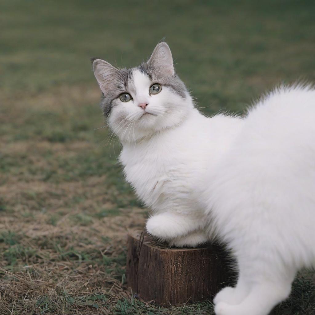  photo of a large white, yard, beautiful cat, together with his kitten. a cat teaches its kitten to jump on a high stump. the foam stands in the grass, behind all this is the wall of the country house. these trainings take place every day, they jump a lot like in a training center. photo positive, mood to win, cinematic film style, shallow depth of field, vignette, highly detailed, high budget, bokeh, cinemascope, moody, epic, gorgeous, film grain, grainy