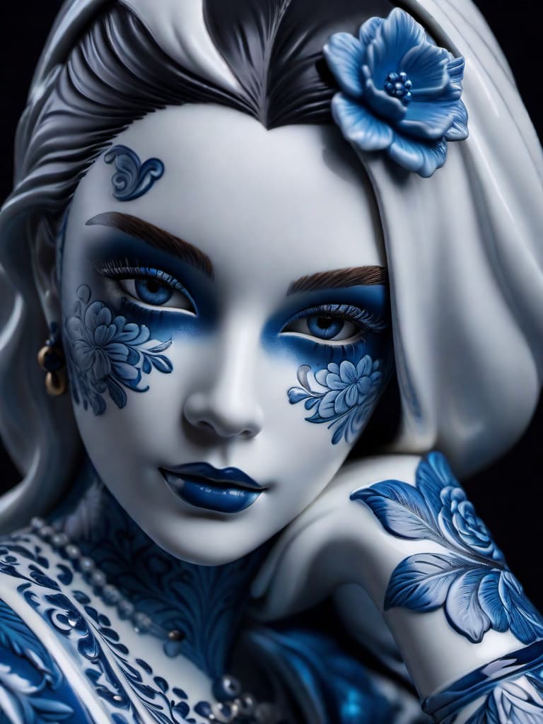  Close-up porcelain female figurine, looking to the camera, glossy surface, glaze, shiny, blue floral tattoos on her, dark gradient background, baroque dark style, hyperrealistic, CG society, intricate details