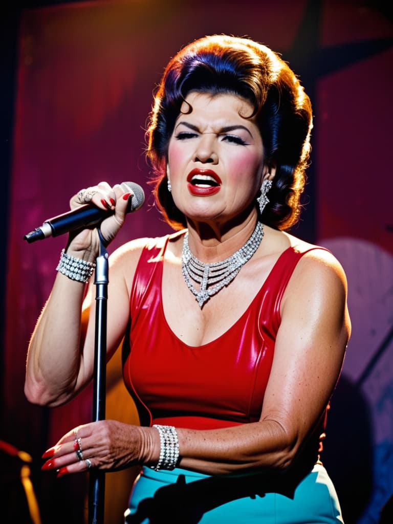  Country singer Patsy Cline, medium shot, upper body, spotlight, long exposure lighting, street art style spray paint, glamour lighting