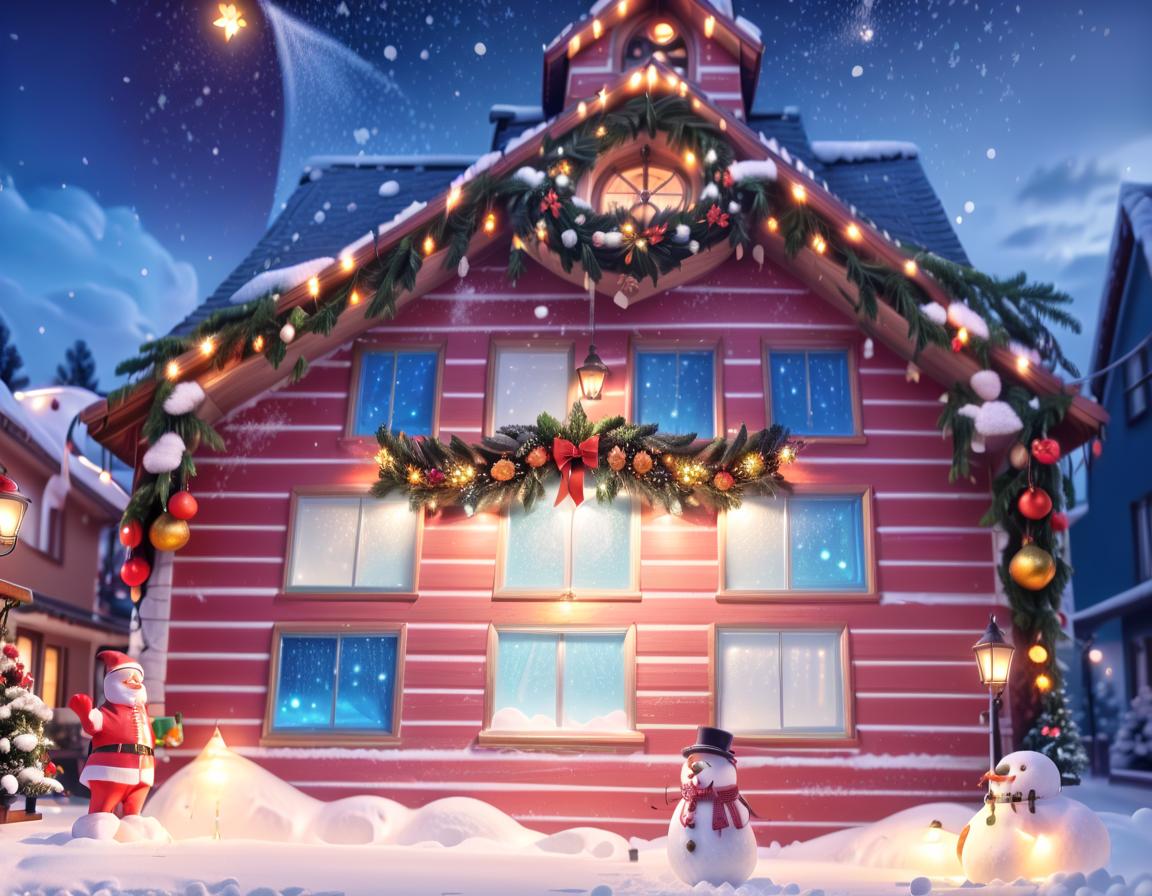  breathtaking christmas house exterior with decoration and snow on it, christmas night, christmas winter . award winning, professional, highly detailed, civitai