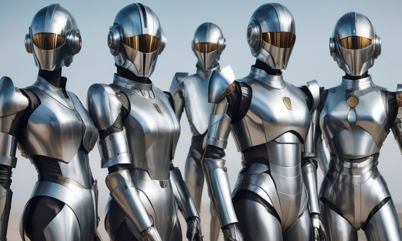  countless legions of identical faceless androgynous droids. all dressed in identical jumpsuits with high tech but stylized medieval mirrorscale armor and sleek high tech full face helmets with mirrored visors,