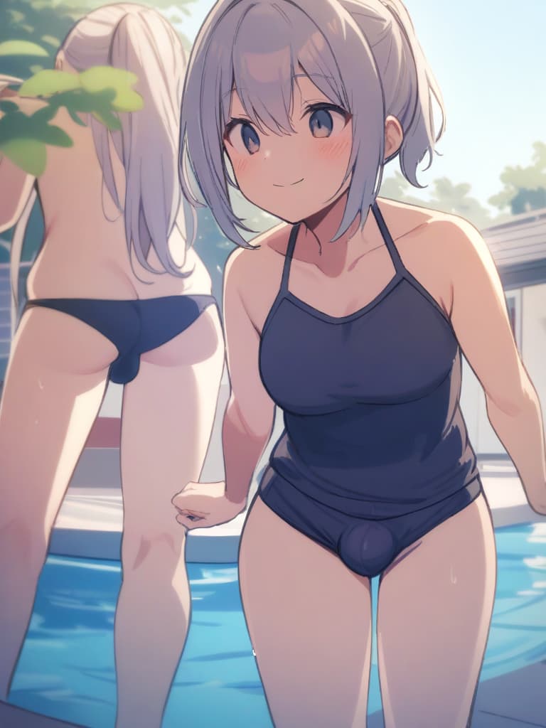  women's elementary students (male), twin tails, cute smiles, (rich s), low stature, dark blue swimwear, old swimwear, , simple, (upward), upward, (bulge), front, whole body, pool side ,,,