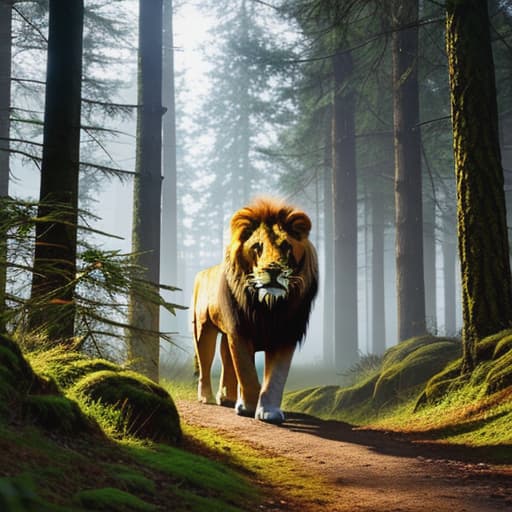  the lion and biggest forest hyperrealistic, full body, detailed clothing, highly detailed, cinematic lighting, stunningly beautiful, intricate, sharp focus, f/1. 8, 85mm, (centered image composition), (professionally color graded), ((bright soft diffused light)), volumetric fog, trending on instagram, trending on tumblr, HDR 4K, 8K