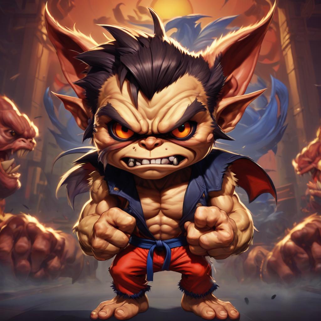  street fighter style gremlin . vibrant, dynamic, arcade, 2d fighting game, highly detailed, reminiscent of street fighter series