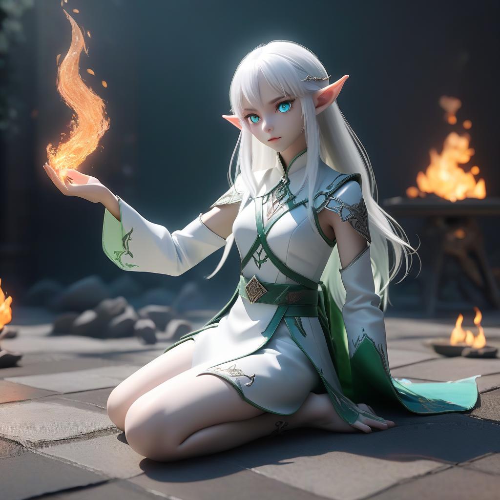  professional 3d model .1 (half elf, half demon), sits on the floor, the body (s) is fully visible ++++ (very high detail) japanese ( + ++) s, falls to the ground, one hand rests on the ground, the second hand creates a fire spell (with effects of magic), white hair, middle ++++ +, blue eyes (light eyes), slender body, legs wide apart, 15 meters from the camera, high detail, relatively far behind the crowd (small) icky (with effects of magic), white hair in front of a , full of green (groom) . octane render, highly detailed, volumetric, dramatic lighting, perfect hands, hkmagic