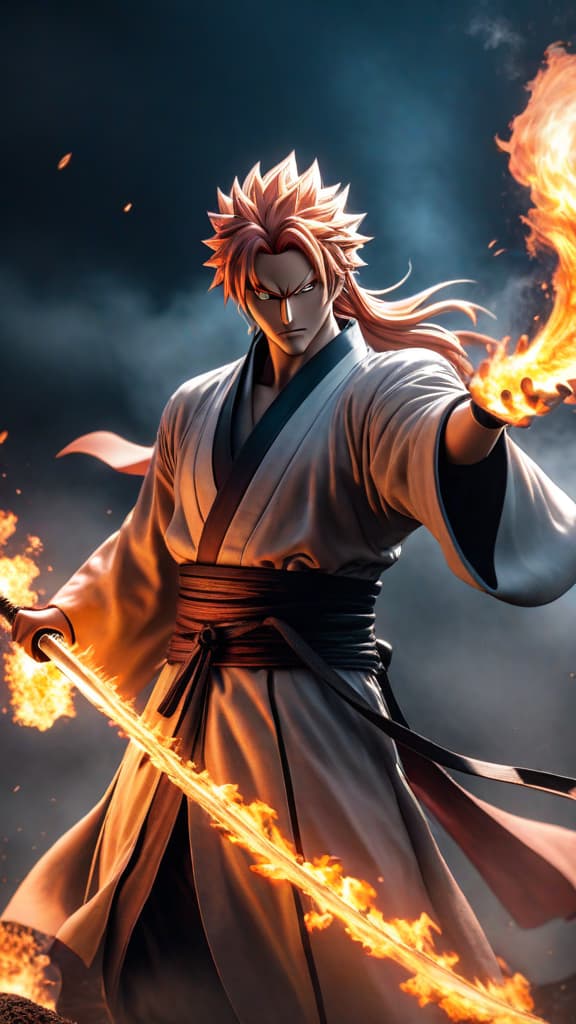  anime art: yamamoto's bankai, zanka no tachi, blazing with 15 million degrees celsius, incinerating foes instantly in bleach universe. hyperrealistic, full body, detailed clothing, highly detailed, cinematic lighting, stunningly beautiful, intricate, sharp focus, f/1. 8, 85mm, (centered image composition), (professionally color graded), ((bright soft diffused light)), volumetric fog, trending on instagram, trending on tumblr, HDR 4K, 8K