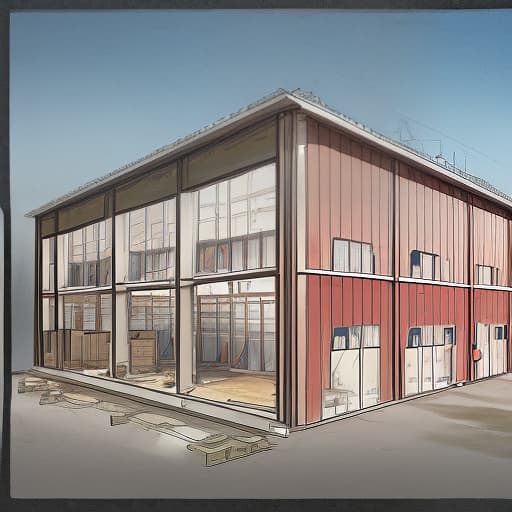  construction of a small industrial warehouse, side view, part in the drawing section