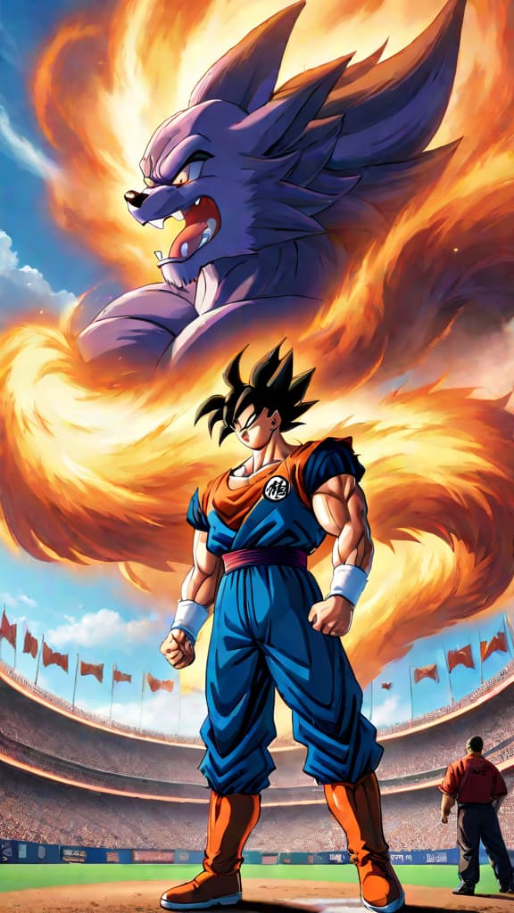  anime art: goku, vegeta, dragon ball super crew play baseball against gods in epic showdown. hyperrealistic, full body, detailed clothing, highly detailed, cinematic lighting, stunningly beautiful, intricate, sharp focus, f/1. 8, 85mm, (centered image composition), (professionally color graded), ((bright soft diffused light)), volumetric fog, trending on instagram, trending on tumblr, HDR 4K, 8K