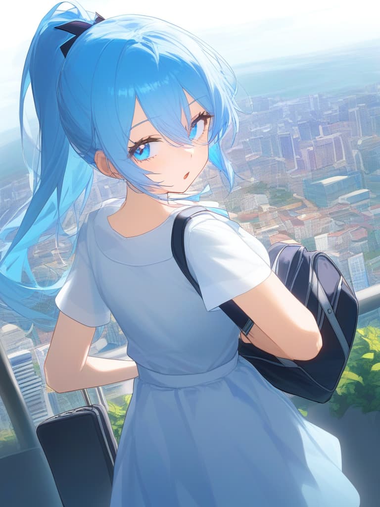  ((travel,carrying a carry on bag: 1.5,city,cityscape,girl on a trip)),((light blue hair,ponytail,blue eyes,))、ultra detailed,best shadow,cute and beautiful face,(masterpiece:1.2),(best quality:1.2),detailed background,high contrast,(best illumination,an extremely delicate and beautiful),((cinematic light)),hyper detail,dramatic light,intricate details,8k,anime,very aesthetic