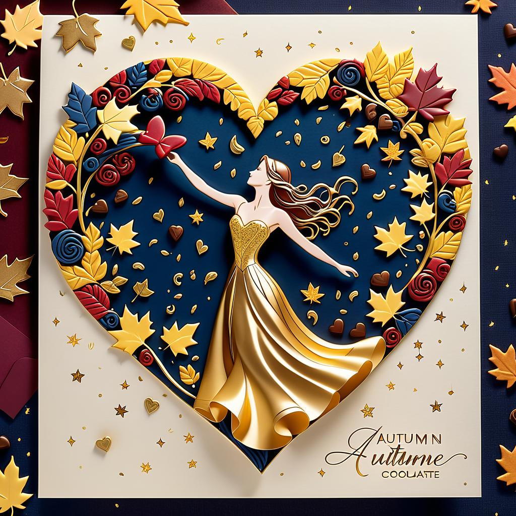  luxury product style on a carpet of yellow leaves in a simple dress of wind given crepe autumn danced a waltz boston in an alleyway. the warm day flew away and the saxophone sang hoarsely. (background of the card): falling autumn leaves, a whirlwind of autumn leaves, wind saxophone, ((a box of chocolates, the inscription "autumn waltz")) , a greeting card. (heart), a beautiful figure made of contours in the shape of a heart. (heart colour): night sky background, stars, gold pattern. (style):fantasy, autumn art, autumn romance. (colours):gold, green gold, navy blue, red, red gold, brown gold, silver, golden blue, bluish blue, dark blue on gold . elegant, sophisticated, high end, luxurious, professional, highly detailed