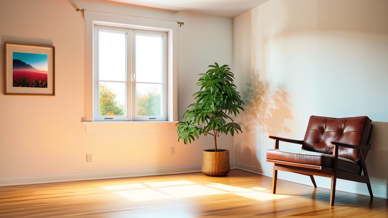  a serene, uncluttered room with soft natural light, a single wooden chair, a small potted plant, and a simple white wall. a cozy blanket drapes over the chair, evoking tranquility and simplicity. hyperrealistic, full body, detailed clothing, highly detailed, cinematic lighting, stunningly beautiful, intricate, sharp focus, f/1. 8, 85mm, (centered image composition), (professionally color graded), ((bright soft diffused light)), volumetric fog, trending on instagram, trending on tumblr, HDR 4K, 8K