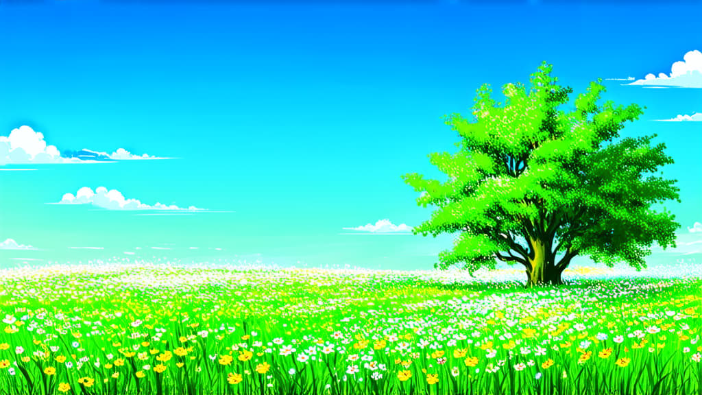  flat illustration, flaticon, (illustration:1.15), light photo in green tones, spring, everything is blooming and coming to life, wallpaper, flowers in the foreground, blue sky ar 16:9, [cory loftis, strobist, pascal campion :: 0.2]