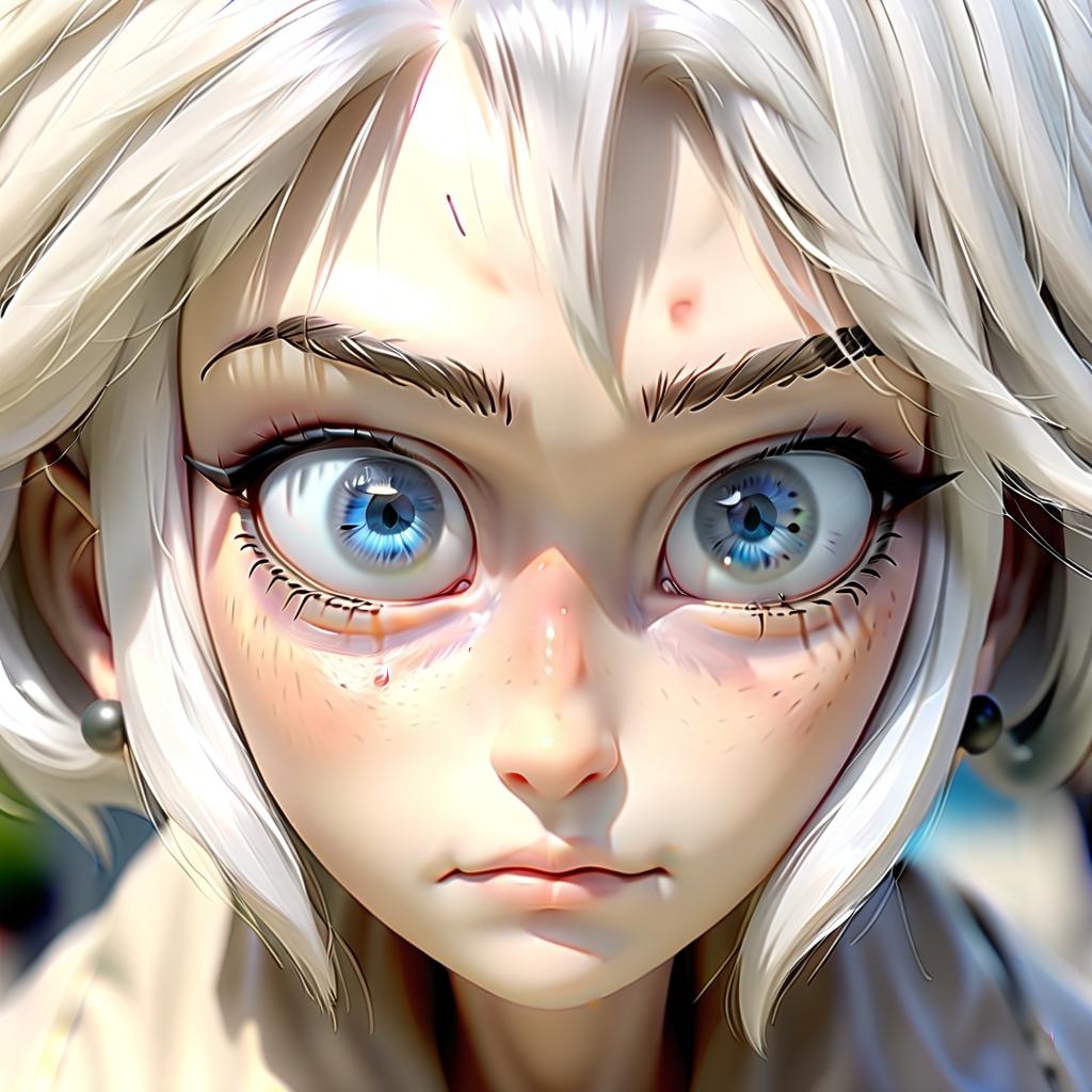   .1 , body fully visible ++++ (very high detail) japanese ( + ++) old white hair, 2 size, blue eyes (light eyes), slim body, with small cuts, 10 meters from the camera, high detail, perfecteyes