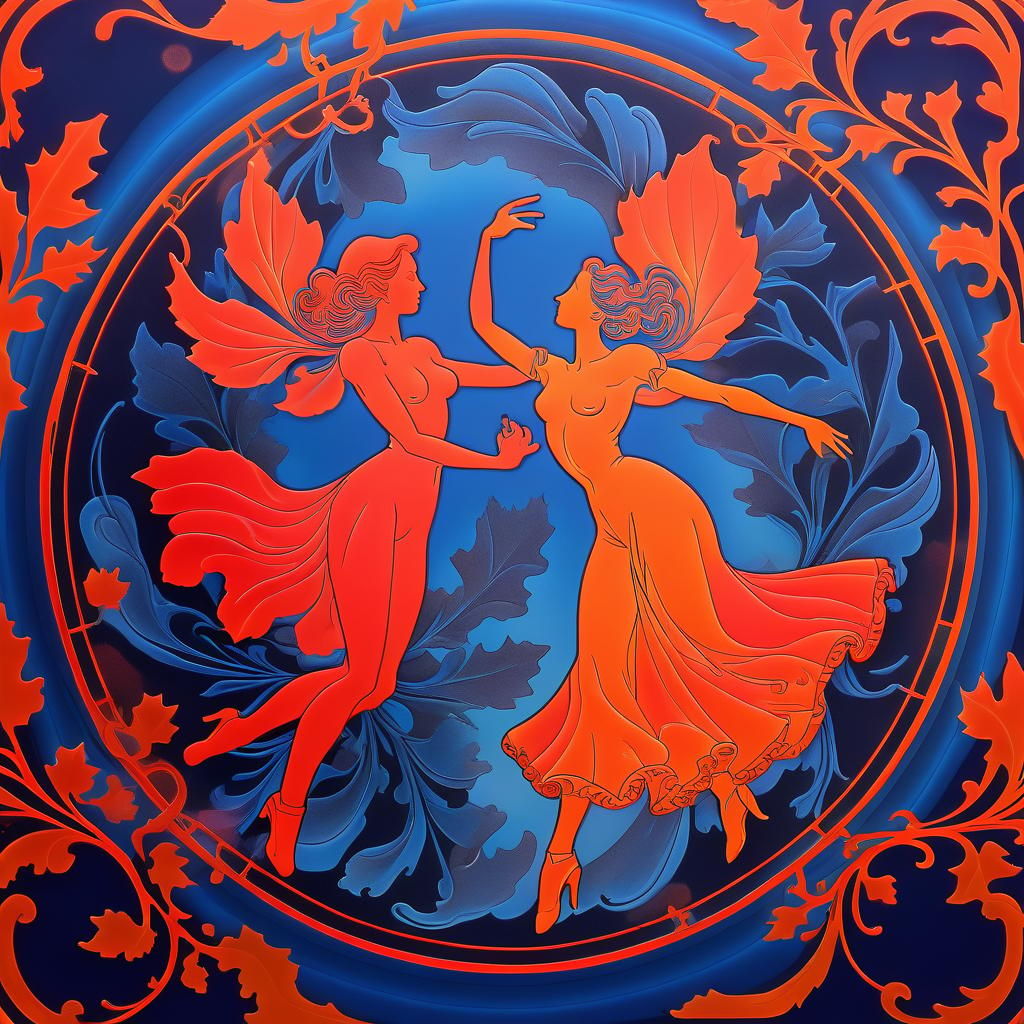  art nouveau style (drawing in red, blue and orange ink, double exposure:1.4). in the center of the circle is the silhouette of a dancing couple. flying maple leaves. (crystal, flowing silk:1.3). ornate, romantic, elegant, refined. rococo style. high detail, high grace and precision of execution. . elegant, decorative, curvilinear forms, nature inspired, ornate, detailed, hkmagic, glowneon