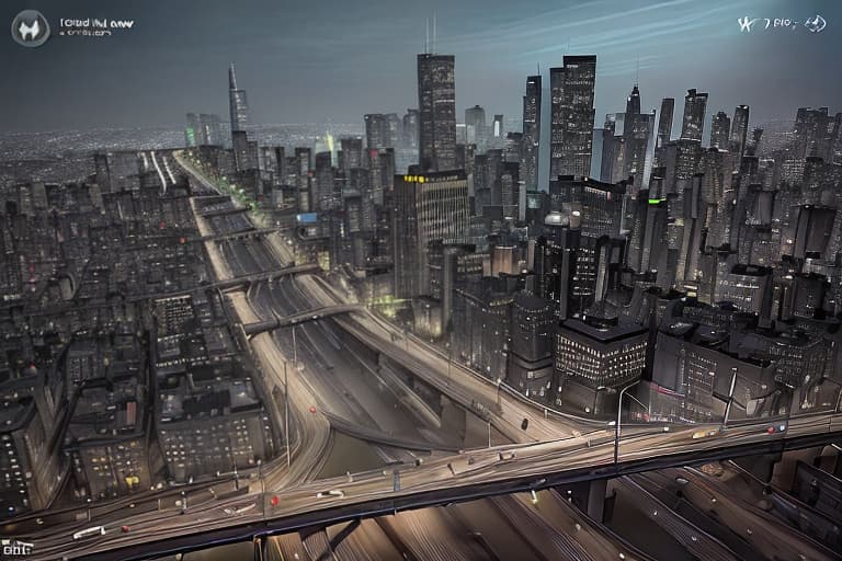  Create a blank road map of Gotham City with: - Roads, highways, and alleys - Empty spaces for buildings and landmarks - Basic road features like streetlights and crosswalks Leave the building spaces blank for customization.