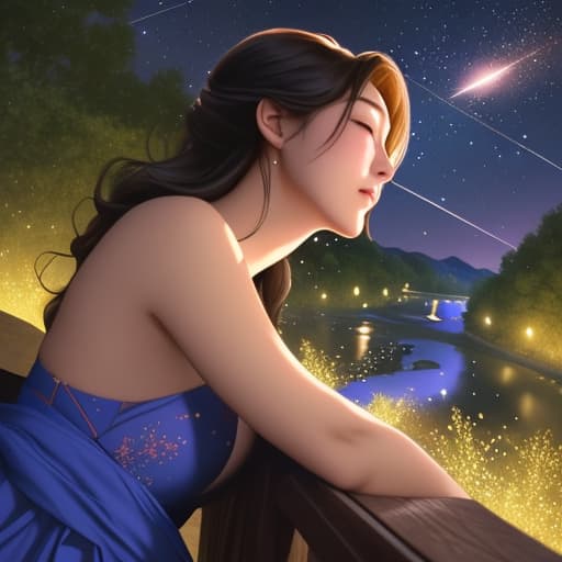  A girl on the riverbank is dreamily watching a meteor shower