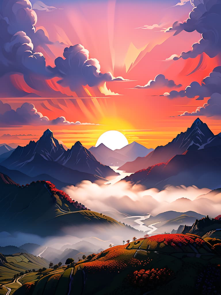  the sunset sank to the west, the sun was close to the distant mountains, half of the shadow was no longer in the mountains, and the sky was full of orange and red murmurs. the mountains are scattered, their contours are clear, the sun's rays reden the top of the mountain and a beautiful cut between the sky and the mountains。