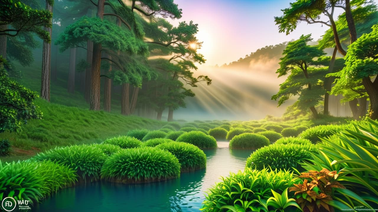  a serene landscape featuring five interconnected circles, each representing a dimension of holistic wellness: physical, emotional, social, spiritual, and intellectual, surrounded by lush greenery, soft sunlight, and a tranquil water source. hyperrealistic, full body, detailed clothing, highly detailed, cinematic lighting, stunningly beautiful, intricate, sharp focus, f/1. 8, 85mm, (centered image composition), (professionally color graded), ((bright soft diffused light)), volumetric fog, trending on instagram, trending on tumblr, HDR 4K, 8K