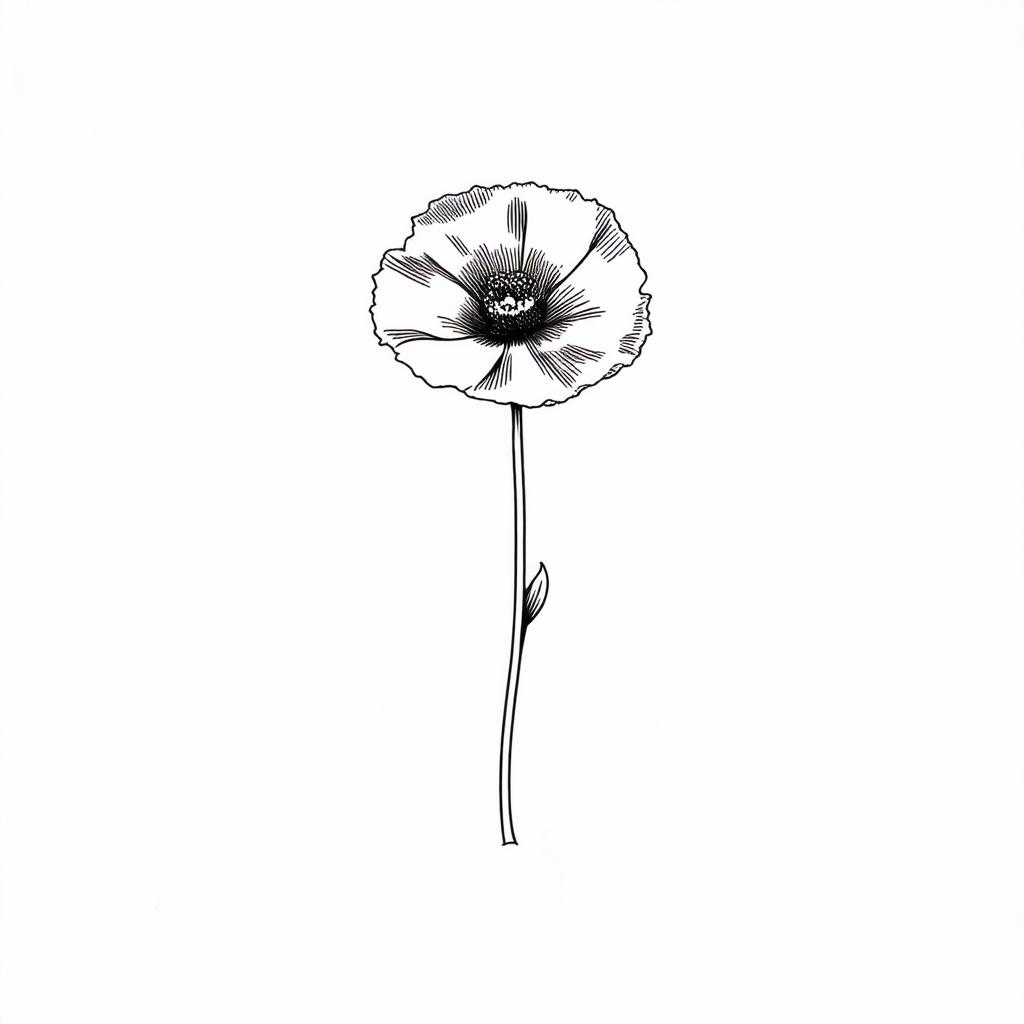  contour, very simple image in one unbroken black ink line, single line of stylized poppy flower on a long thin stem, solid white background using a single continuous black line ink brushon white background, drawing should be created without lifting the pen, recognizable features of stylized poppy flower on a long thin stem, solid white background in one unbroken line