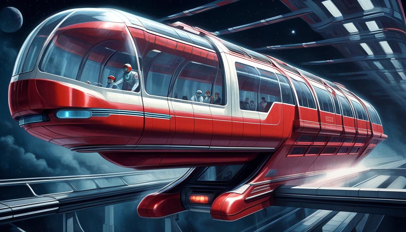  high detail, high quality, soviet retrofuturism, ussr, space, red car monorail, transparent roof, monorail, hydrogen engine, goes at speed, dark background, darkness, space