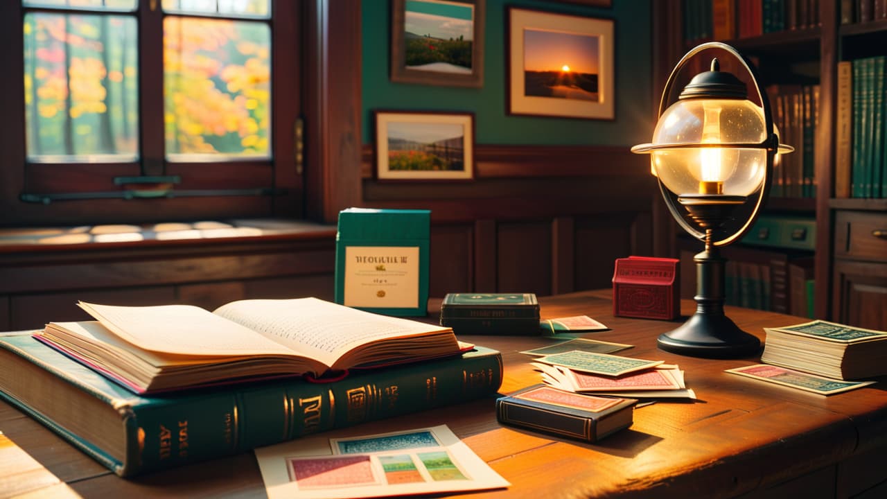  a cozy study filled with colorful stamp albums, a magnifying glass, and vintage stamps scattered on a wooden table, sunlight streaming through a window illuminating a globe and a collection of postcards. hyperrealistic, full body, detailed clothing, highly detailed, cinematic lighting, stunningly beautiful, intricate, sharp focus, f/1. 8, 85mm, (centered image composition), (professionally color graded), ((bright soft diffused light)), volumetric fog, trending on instagram, trending on tumblr, HDR 4K, 8K