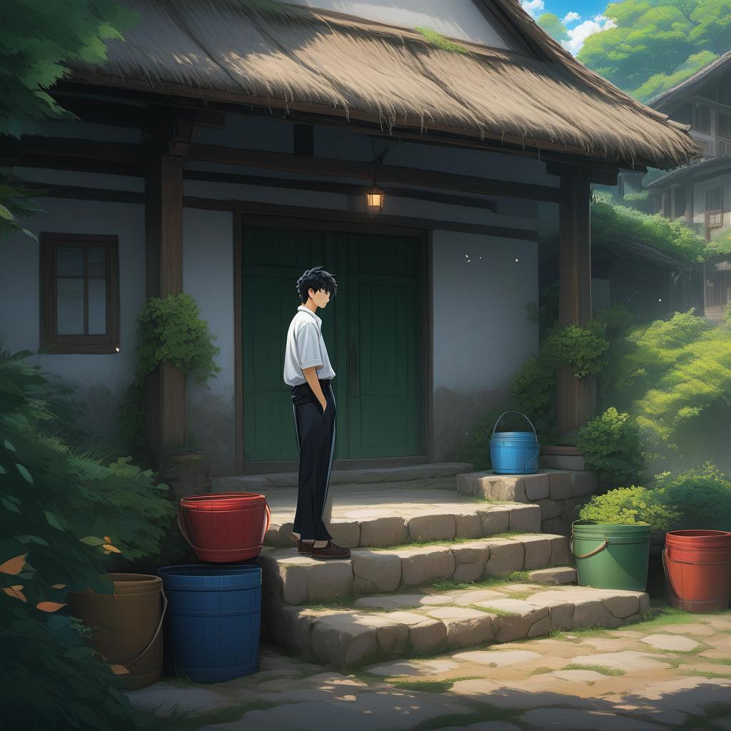  scene 4: the persona leaving the well the persona, still holding two wooden pails filled with water, walks away from the old, rustic well in a quiet rural village. he is dressed in simple, traditional clothing—a light shirt and rolled up pants—his back slightly hunched as if weighed down by both the pails and his lingering shyness. his steps are slow and hesitant, as if reluctant to leave the serene scene behind., anime artwork, anime style, key visual, vibrant, studio anime, highly detailed