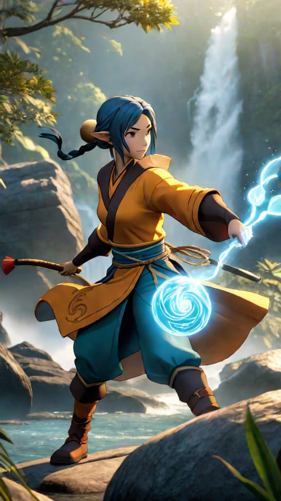  an anime art depicting the avatar from 'avatar: the last airbender' bending all four elements. hyperrealistic, full body, detailed clothing, highly detailed, cinematic lighting, stunningly beautiful, intricate, sharp focus, f/1. 8, 85mm, (centered image composition), (professionally color graded), ((bright soft diffused light)), volumetric fog, trending on instagram, trending on tumblr, HDR 4K, 8K