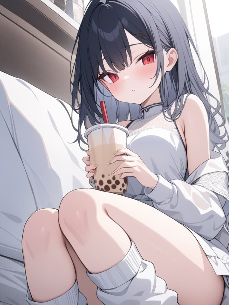  drinking tapioca milk tea, cute, girl, loose socks, white dress, black hair, red eyes, masterpiece, best quality,8k,ultra detailed,high resolution,an extremely delicate and beautiful,hyper detail