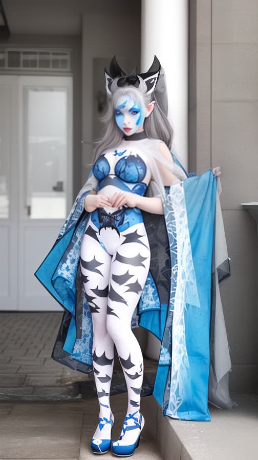  White and blue bat pattern body paint in every corner of the body, Grey body paint all over the body, grey face paint on the face, Two dark elfs, full body image 女性