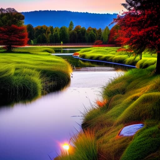 wa-vy style sunset, river bank,grass,shadow,trees and bird hyperrealistic, full body, detailed clothing, highly detailed, cinematic lighting, stunningly beautiful, intricate, sharp focus, f/1. 8, 85mm, (centered image composition), (professionally color graded), ((bright soft diffused light)), volumetric fog, trending on instagram, trending on tumblr, HDR 4K, 8K