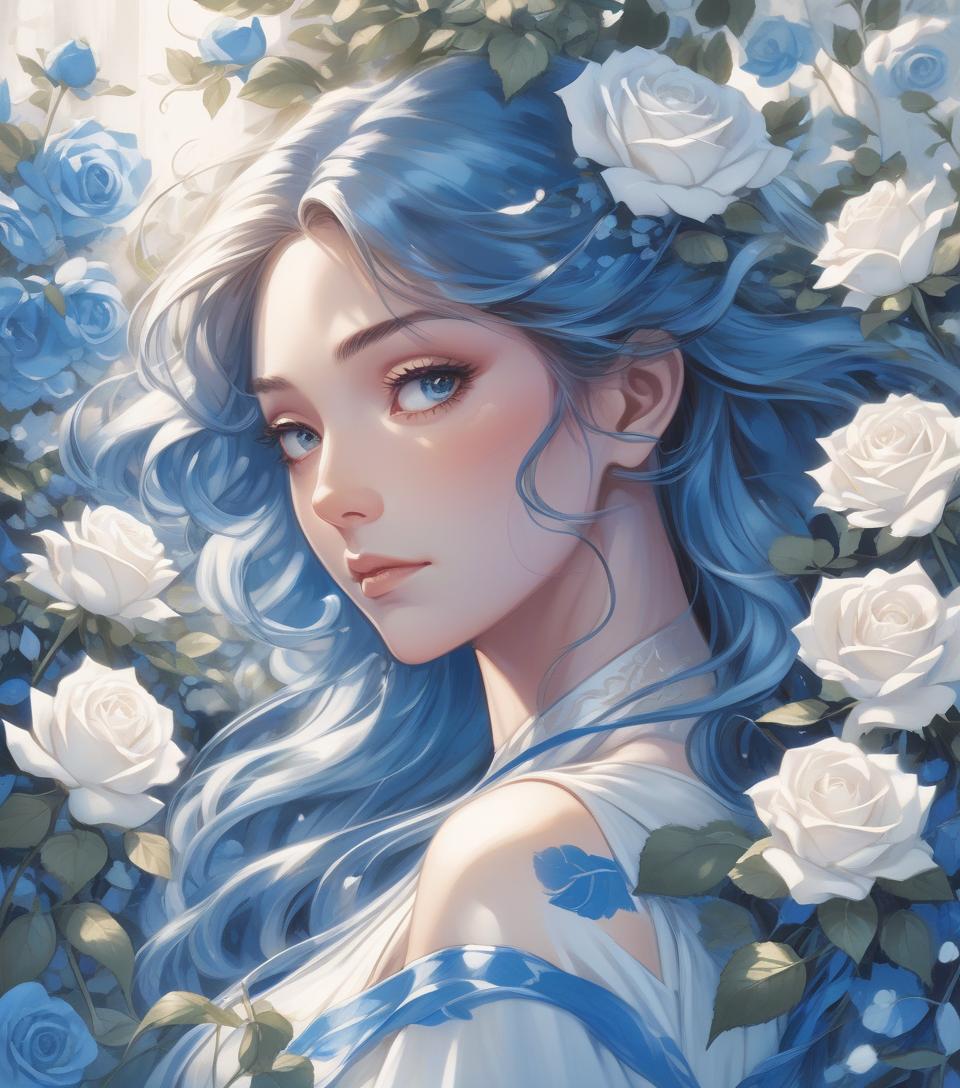  manga style a serene woman with flowing hair holds blue and white roses, surrounded by soft light and delicate leaves, embodying grace and beauty in a captivating portrait . vibrant, high energy, detailed, iconic, japanese comic style