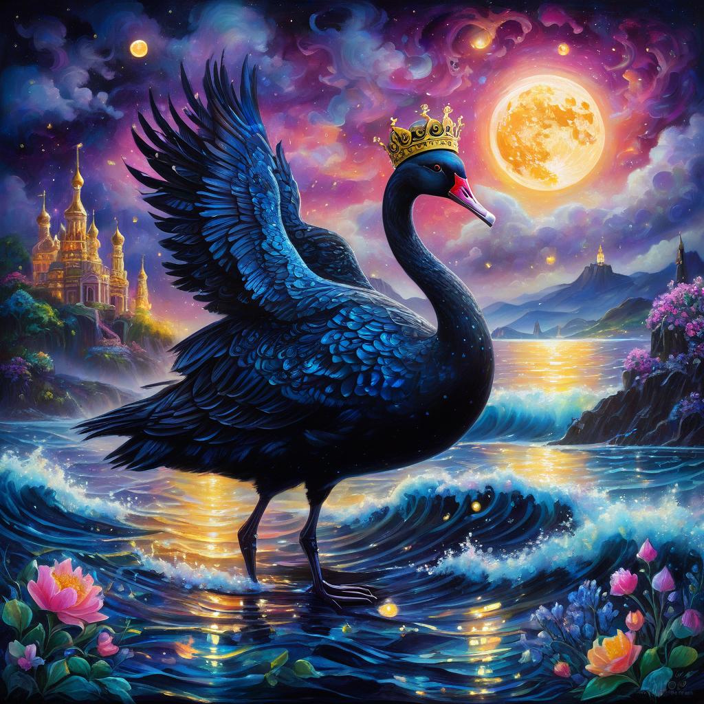  oil painting. (far background: 1,3). a magnificent fairy tale bird black swan with luxurious wings and a golden crown (floating) on the waves. fluorescent patterns on the plumage of magical beauty. surrounded by sparkling, shimmering, splashing, water droplets. against the background of the sea with moon glints and the night sky with multi coloured mist, stars and fluorescent dust. night coast with a palace of dark marble in the old russian style and flowering gardens. magnificent, picturesque, mysterious, magical, fantasy composition in the style of kinuko kraft. hyper detailed and complex, elegant. ornate, dynamic, with breathtaking visuals. stylistics: surrealist abstractionism, fantasy, fairy tale, intricate zentangle patterns, modernis