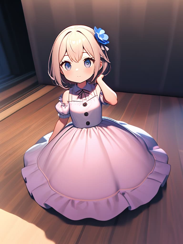  masterpiece,{chibi character:2.0}{{holding blue nemophila flower:2.0}}(girl){milky beige hair color:2.0}{western style braided hair on the side:2.0}(in cute dress:1.5){3d}high quality,8k,super analysis(ちびキャラ)