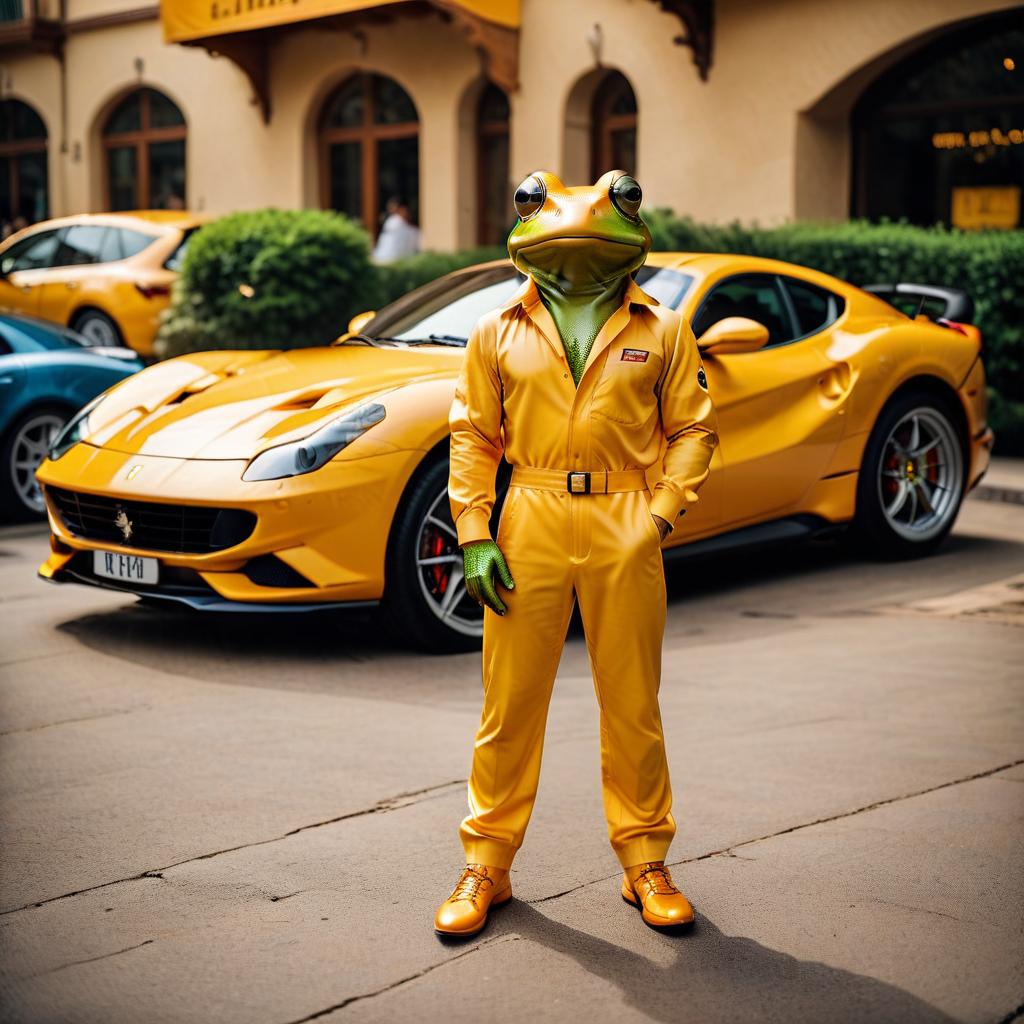  cinematic photo near the orange ferrari gts turbo stands a frog in a tight fitting jumpsuit of yellow color . 35mm photograph, film, bokeh, professional, 4k, highly detailed, civitai, on parchment